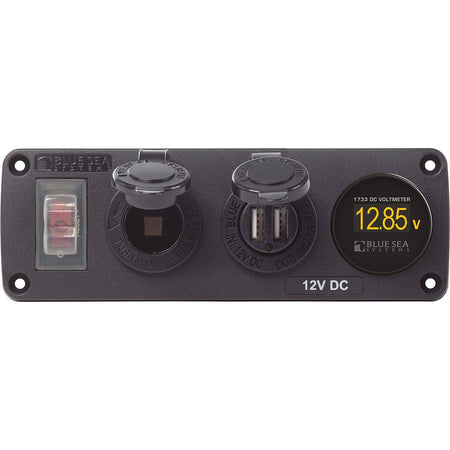 Blue Sea 4366 Water Resistant USB Accessory Panel - Circuit Breaker, 12V Socket, Dual USB Charger, Mini Voltmeter - Get Tight Gear