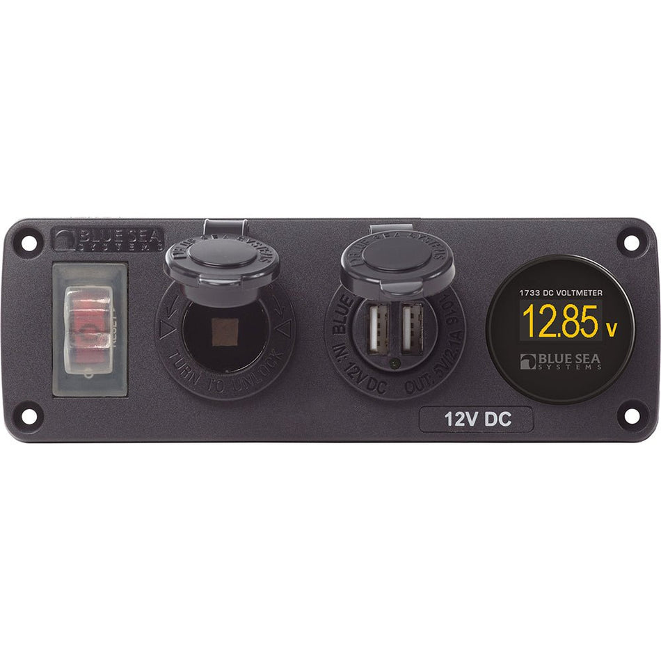 Blue Sea 4366 Water Resistant USB Accessory Panel - Circuit Breaker, 12V Socket, Dual USB Charger, Mini Voltmeter - Get Tight Gear