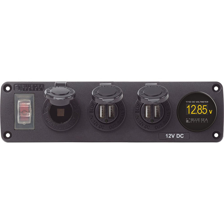 Blue Sea 4368 Water Resistant USB Accessory Panel - 12V Socket, 2x 2.1A Dual USB Chargers, Mini Voltmeter - Get Tight Gear