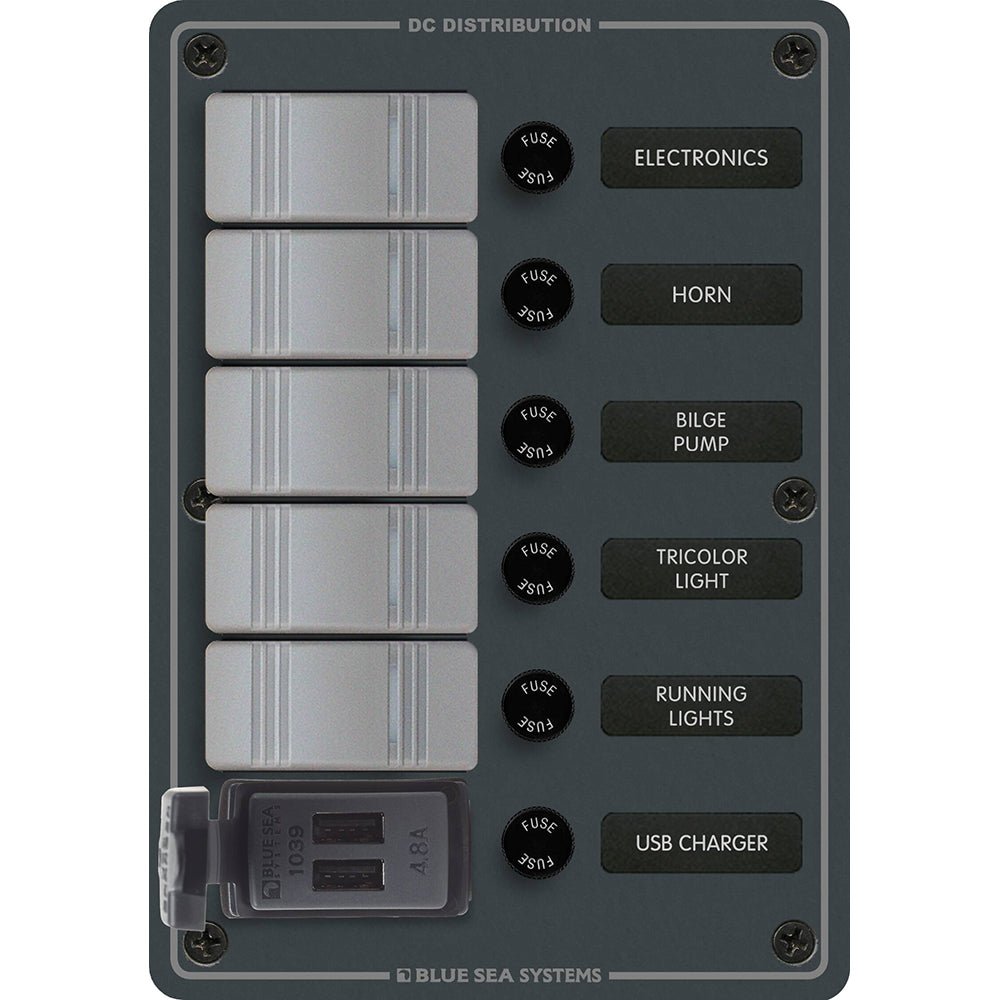 Blue Sea 8121 - 5 Position Contura Switch Panel w/Dual USB Chargers - 12/24V DC - Black - Get Tight Gear