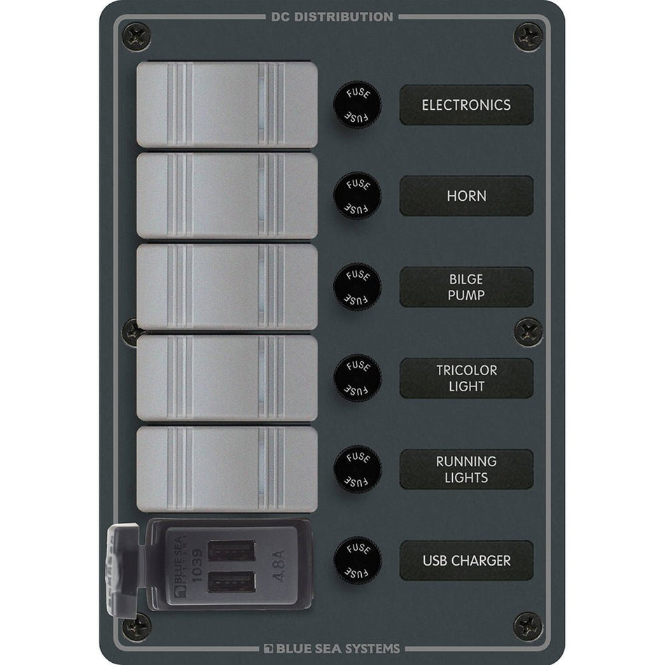 Blue Sea 8121 - 5 Position Contura Switch Panel w/Dual USB Chargers - 12/24V DC - Black - Get Tight Gear