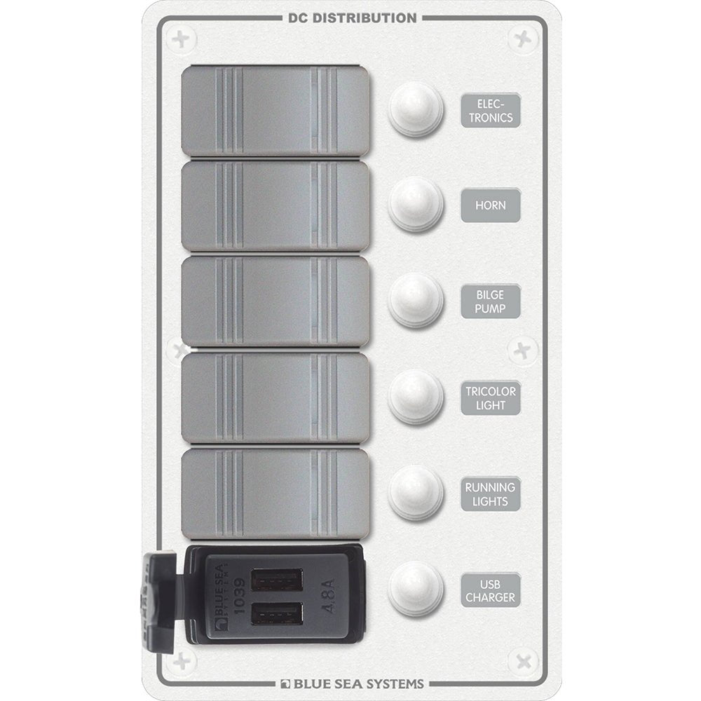 Blue Sea 8421 - 5 Position Contura Switch Panel w/Dual USB Chargers - 12/24V DC - White - Get Tight Gear