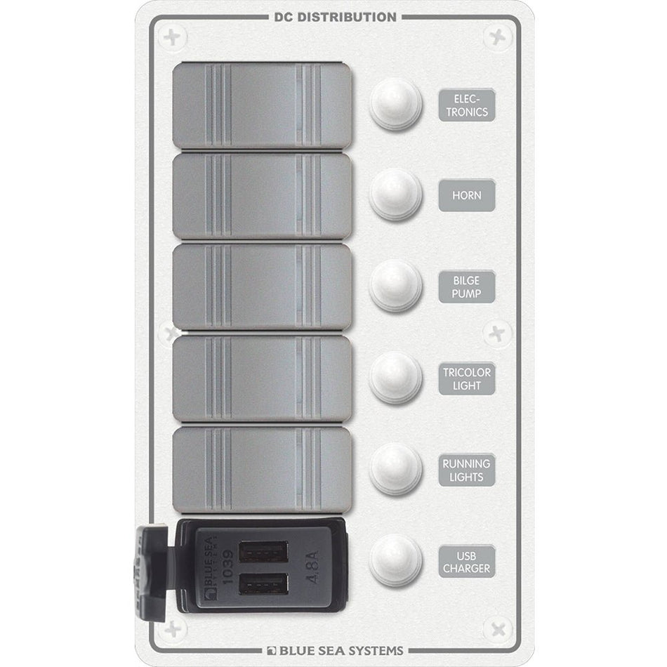 Blue Sea 8421 - 5 Position Contura Switch Panel w/Dual USB Chargers - 12/24V DC - White - Get Tight Gear