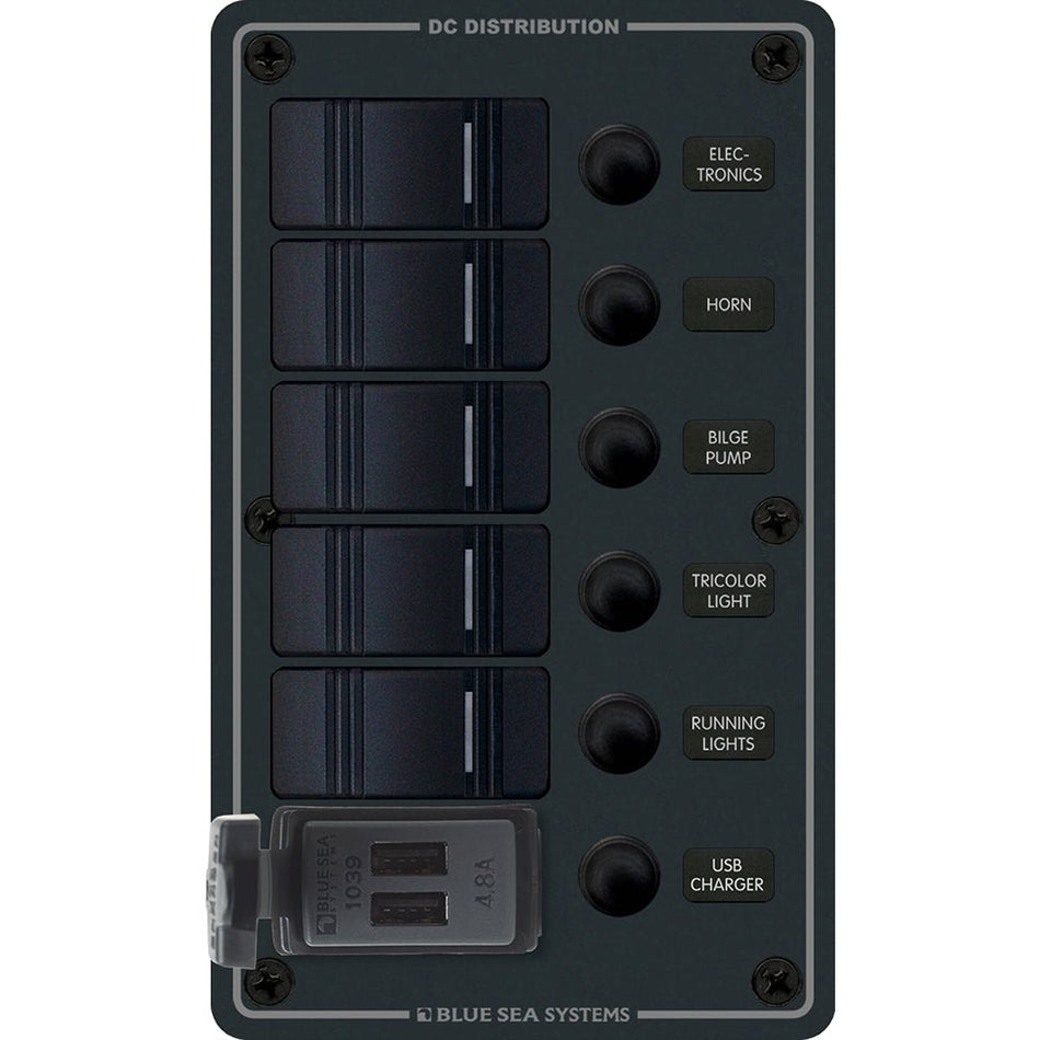 Blue Sea 8521 - 5 Position Contura Switch Panel w/Dual USB Chargers - 12/24V DC - Black - Get Tight Gear