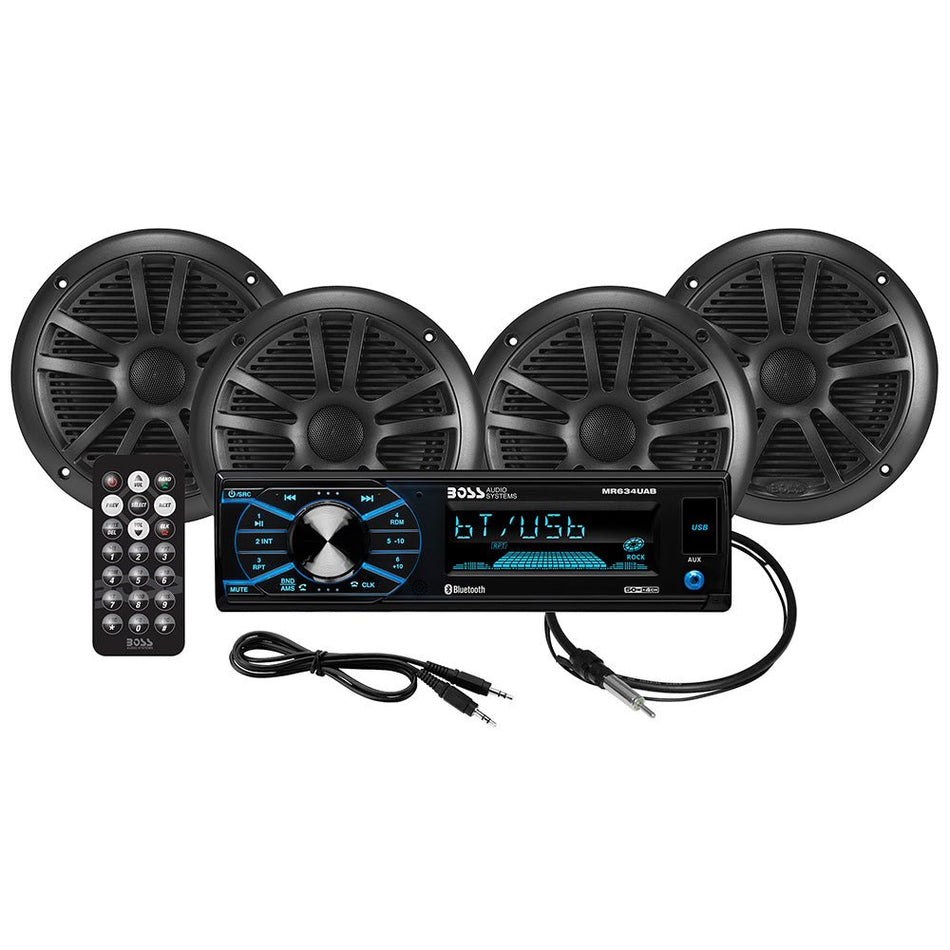 Boss Audio MCBK634B.64 Kit w/MR634UAB, 4 MR6B Speakers, & MRANT10 Antenna - Get Tight Gear