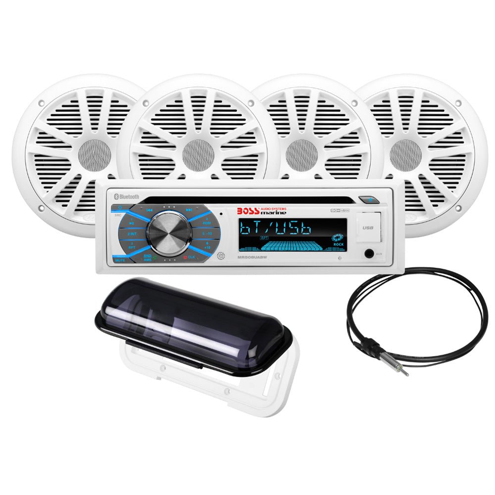 Boss Audio MCK508WB.64S Marine Stereo & 2 Pairs of 6.5" Speaker Kit - White - Get Tight Gear