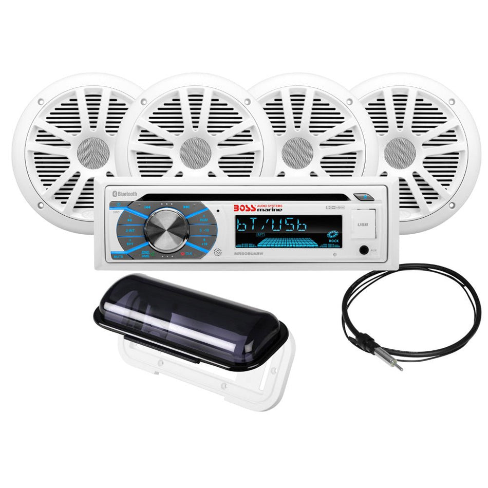 Boss Audio MCK508WB.64S Marine Stereo & 2 Pairs of 6.5" Speaker Kit - White - Get Tight Gear