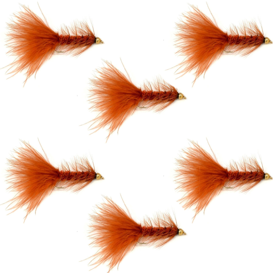 Brown Bead Head Crystal Woolly Bugger Classic Streamer Flies - Set of 6 Trout Fly Fishing Flies - Hook Size 8 - Get Tight Gear