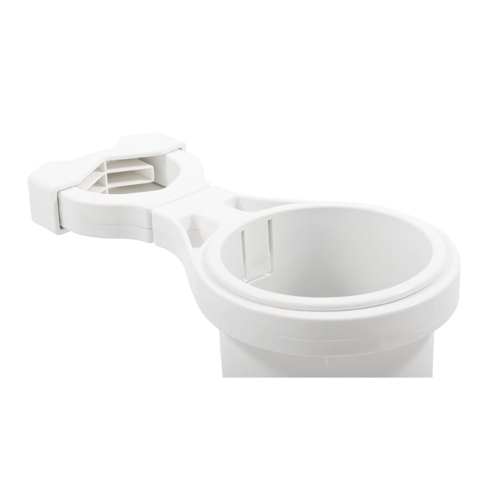 Camco Clamp - On Rail Mounted Cup Holder - Small for Up to 1 - 1/4" Rail - White - Get Tight Gear