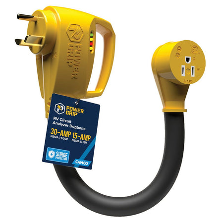 Camco Power Grip RV 12" 30Amp Circuit Analyzer Dogbone - Integrated Surge Protection - Get Tight Gear