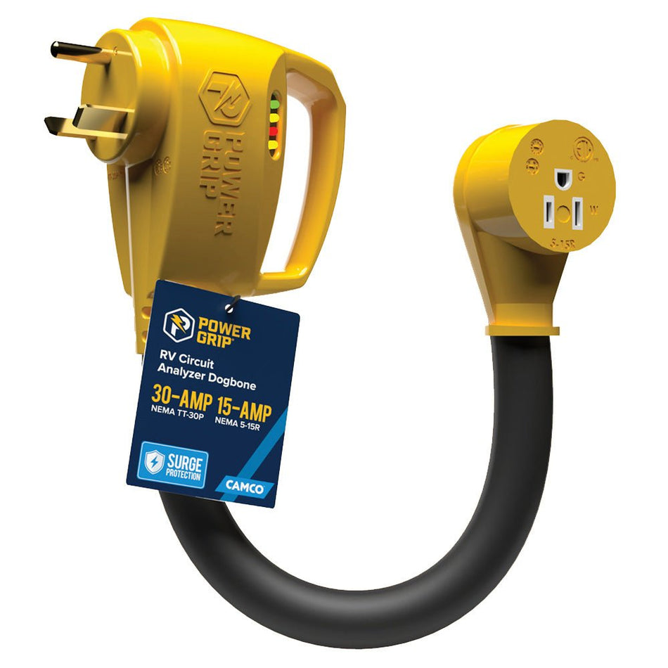 Camco Power Grip RV 12" 30Amp Circuit Analyzer Dogbone - Integrated Surge Protection - Get Tight Gear