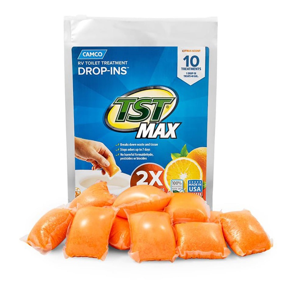 Camco TST MAX Orange RV Toilet Treatment Drop - Ins *10 - Pack - Get Tight Gear