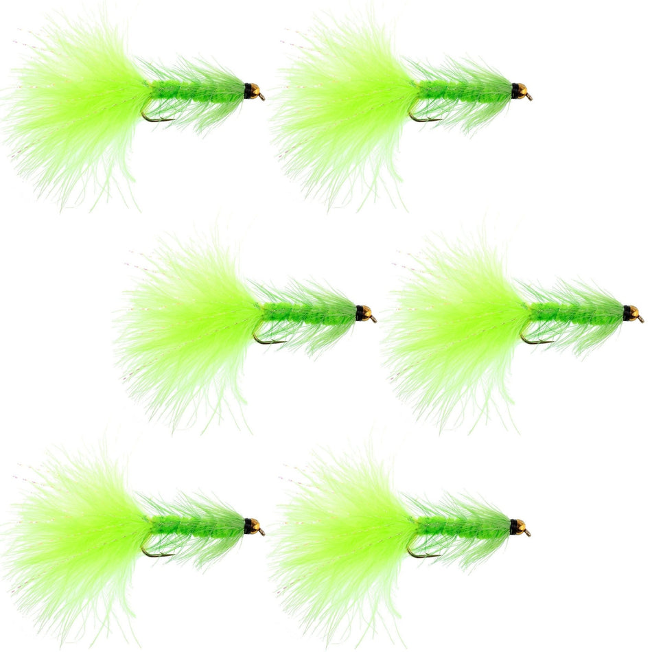 Chartreuse Bead Head Crystal Woolly Bugger Classic Streamer Flies - Set of 6 Trout Fly Fishing Flies - Hook Size 4 - Get Tight Gear