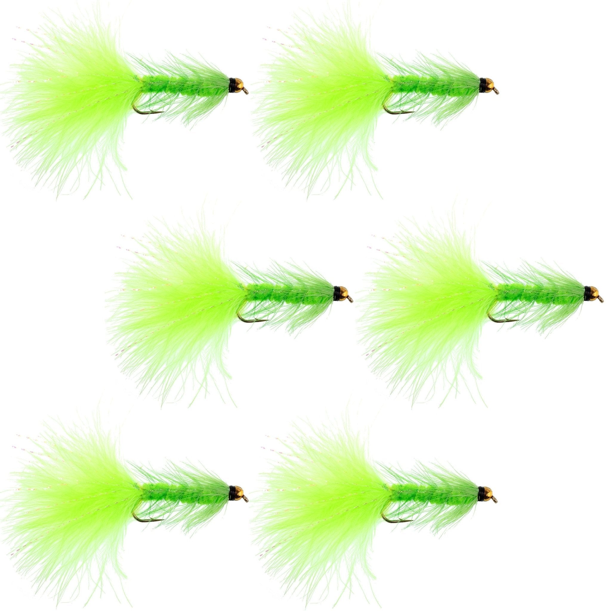 Chartreuse Bead Head Crystal Woolly Bugger Classic Streamer Flies - Set of 6 Trout Fly Fishing Flies - Hook Size 8 - Get Tight Gear