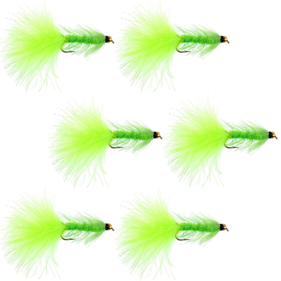 Chartreuse Bead Head Crystal Woolly Bugger Classic Streamer Flies - Set of 6 Trout Fly Fishing Flies - Hook Size 8 - Get Tight Gear