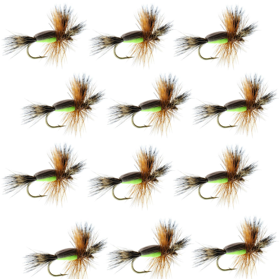 Chartreuse Humpy Classic Hair Wing Dry Fly - 1 Dozen Flies Hook Size 12 - Get Tight Gear