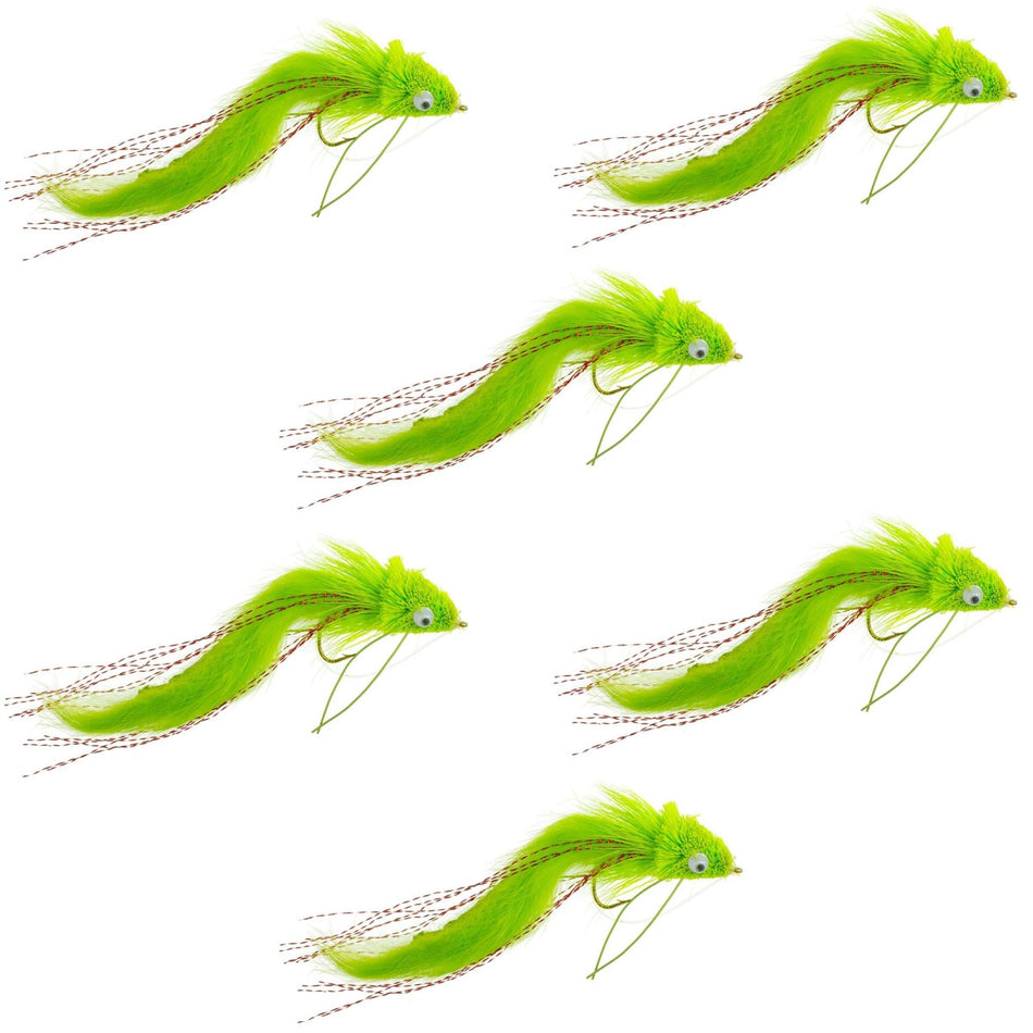 Chartreuse Rabbit Strip Deer Hair Diver 6 Flies Size 4 - Bass Fly Fishing Bug Wide Gape Bass Hooks With Weed Guard - Get Tight Gear