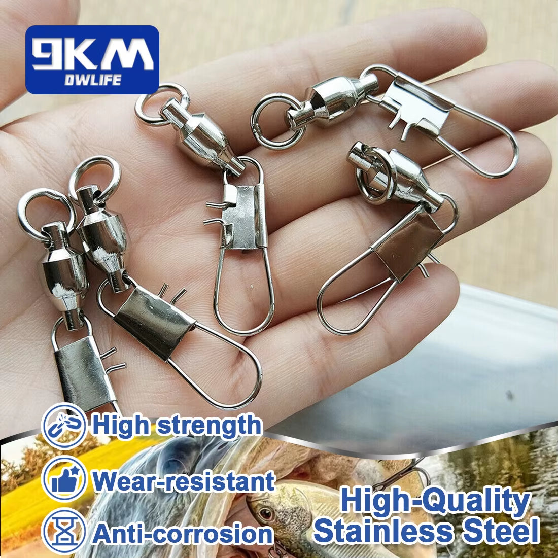 Professional Stainless Steel Snap Fishing Swivels with Ball Bearing Interlock - Available in Packs of 20 to 100 Pieces for Enhanced Fishing Performance