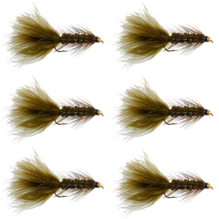 Dark Olive Bead Head Crystal Woolly Bugger Classic Streamer Flies - Set of 6 Trout Fly Fishing Flies - Hook Size 4 - Get Tight Gear