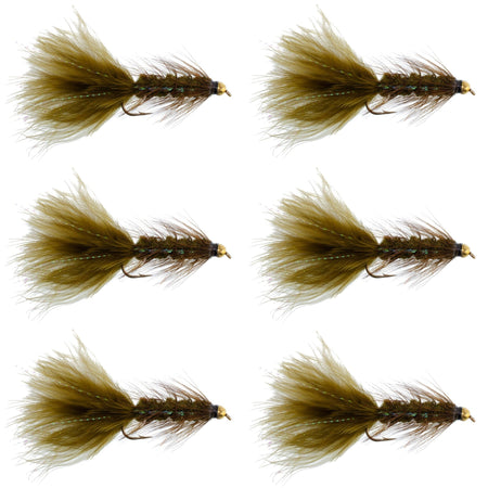 Dark Olive Bead Head Crystal Woolly Bugger Classic Streamer Flies - Set of 6 Trout Fly Fishing Flies - Hook Size 8 - Get Tight Gear