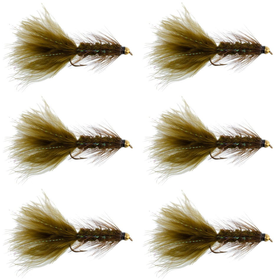 Dark Olive Bead Head Crystal Woolly Bugger Classic Streamer Flies - Set of 6 Trout Fly Fishing Flies - Hook Size 8 - Get Tight Gear