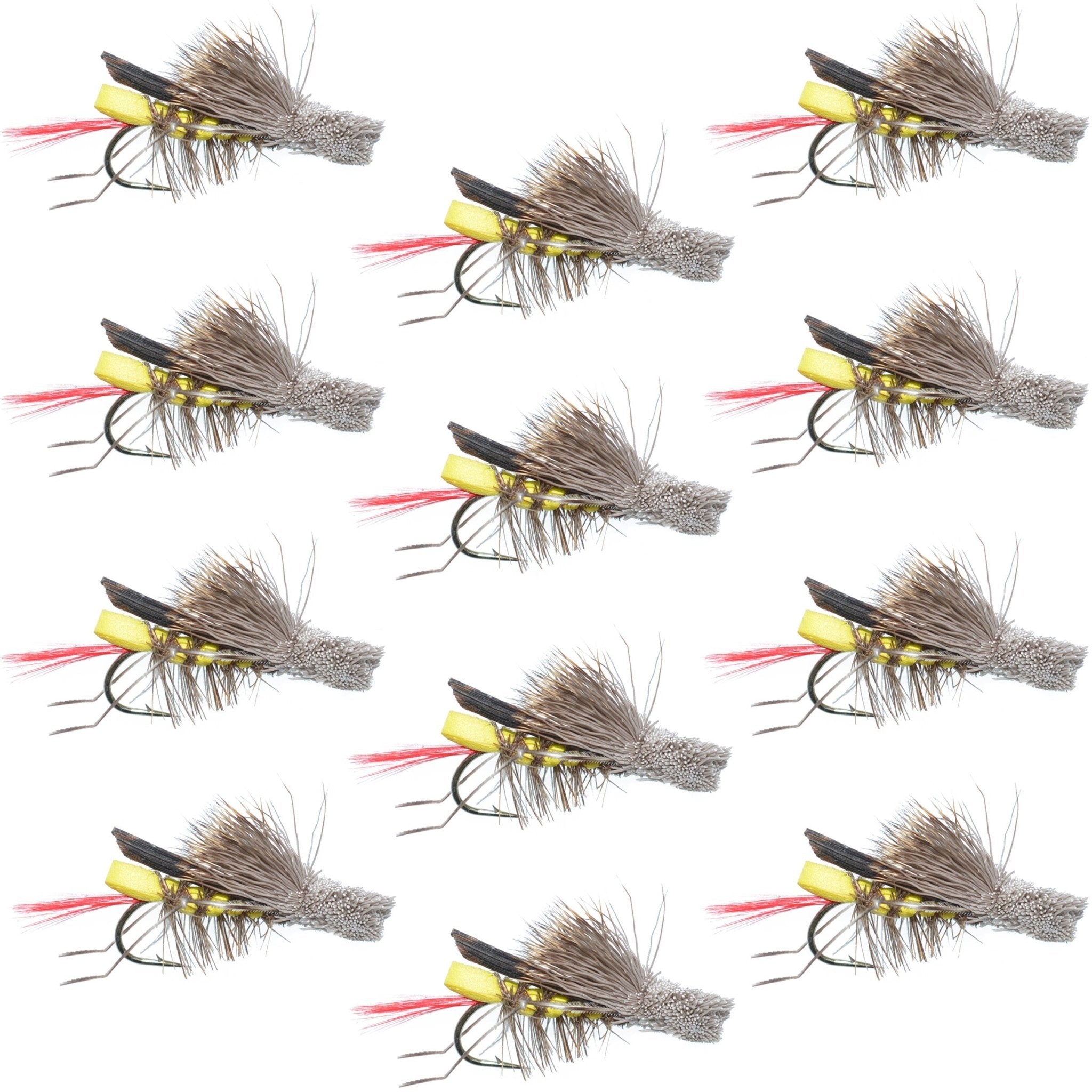 Dave's Hopper Yellow Foam Body Grasshopper Fly - 1 Dozen Flies Hook Size 12 - Get Tight Gear