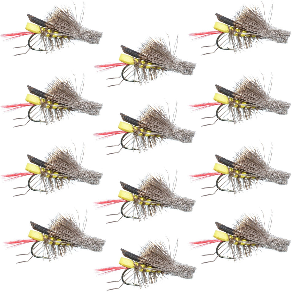 Dave's Hopper Yellow Foam Body Grasshopper Fly - 1 Dozen Flies Hook Size 12 - Get Tight Gear