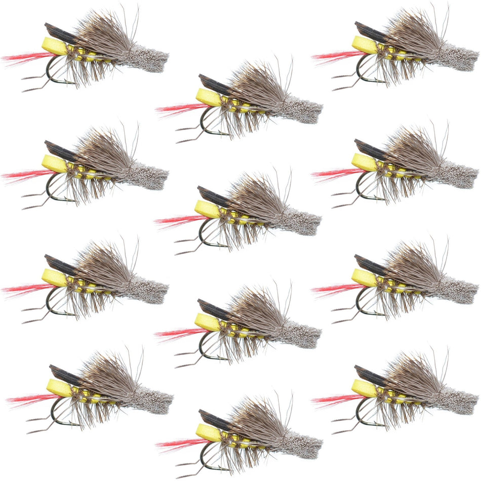 Dave's Hopper Yellow Foam Body Grasshopper Fly - 1 Dozen Flies Hook Size 8 - Get Tight Gear