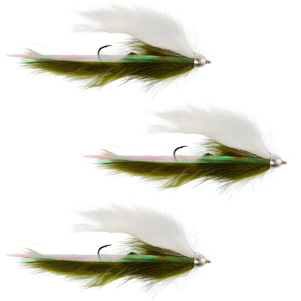 Dolly Llama Stinger Streamer Flies - 3 Olive and White Steelhead Trout Alaska Fly Fishing Flies - Hook Size 4 - Get Tight Gear