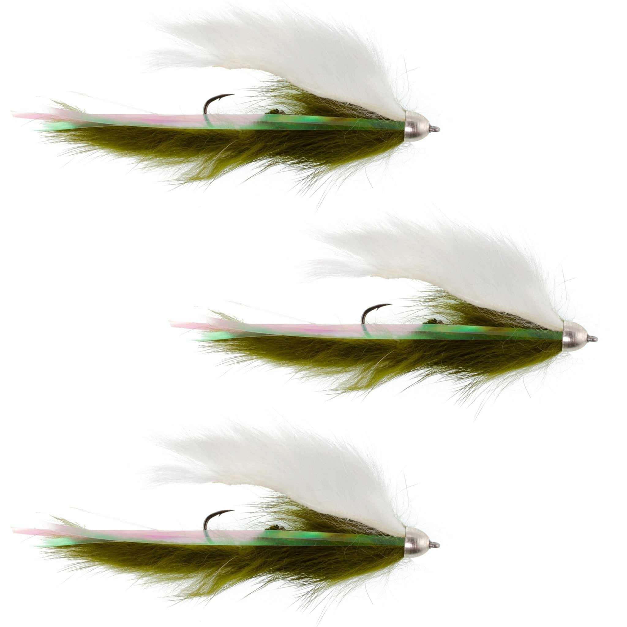 Dolly Llama Stinger Streamer Flies - 3 Olive and White Steelhead Trout Alaska Fly Fishing Flies - Hook Size 4 - Get Tight Gear