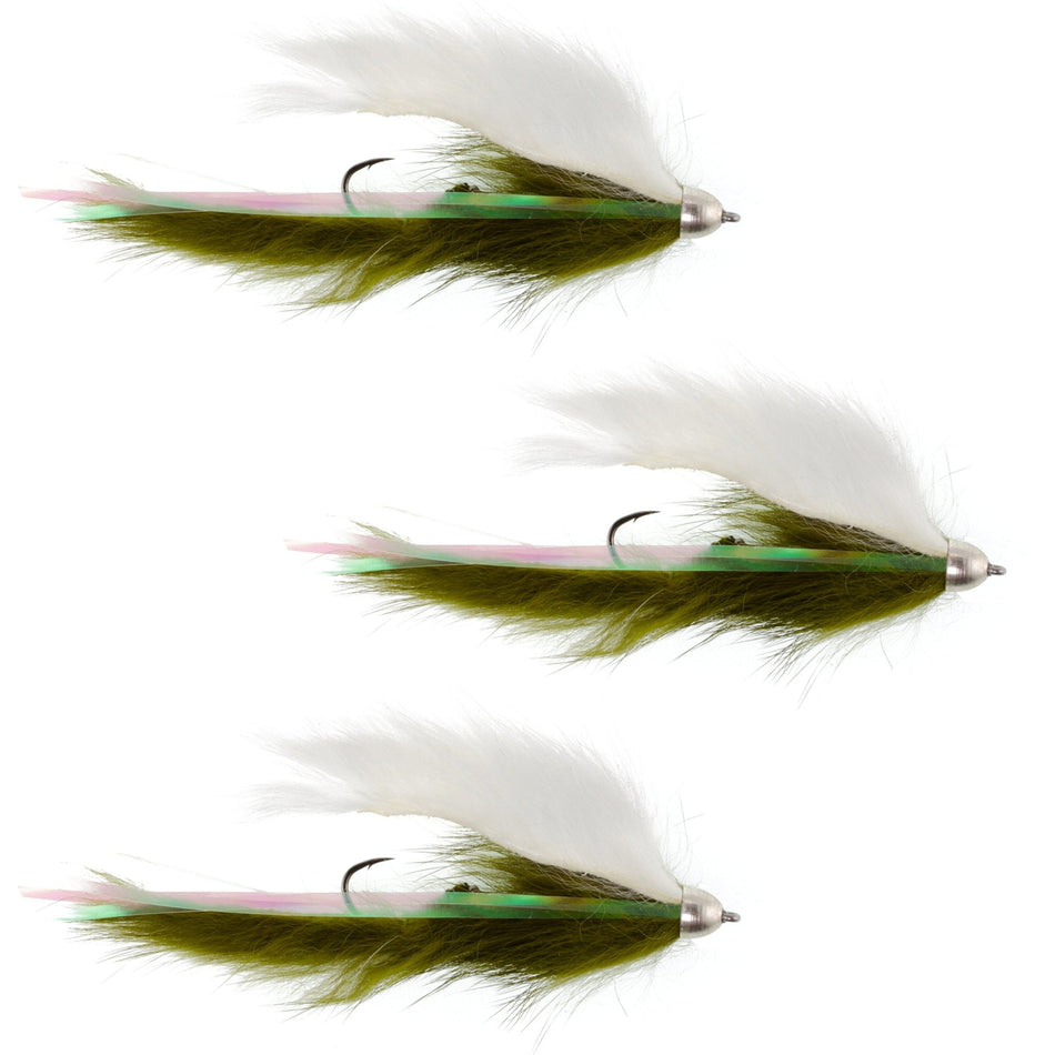 Dolly Llama Stinger Streamer Flies - 3 Olive and White Steelhead Trout Alaska Fly Fishing Flies - Hook Size 4 - Get Tight Gear