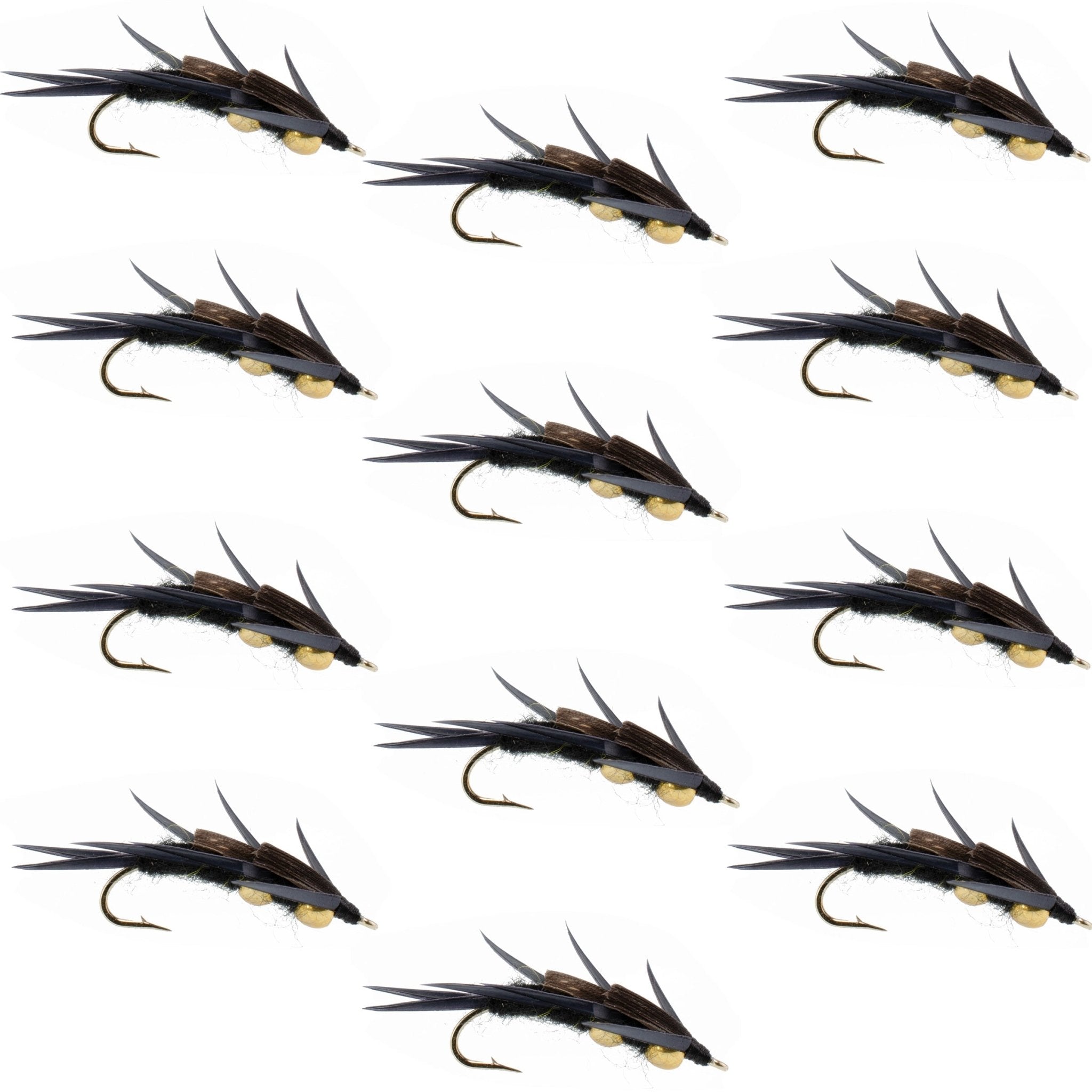 Double Bead Black Stone Fly with Black Biot Legs - Stonefly Wet Fly - 1 Dozen Flies Hook Size 10 - Get Tight Gear