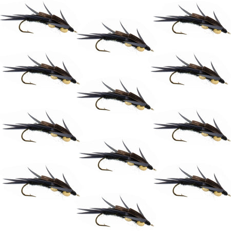 Double Bead Black Stone Fly with Black Biot Legs - Stonefly Wet Fly - 1 Dozen Flies Hook Size 10 - Get Tight Gear