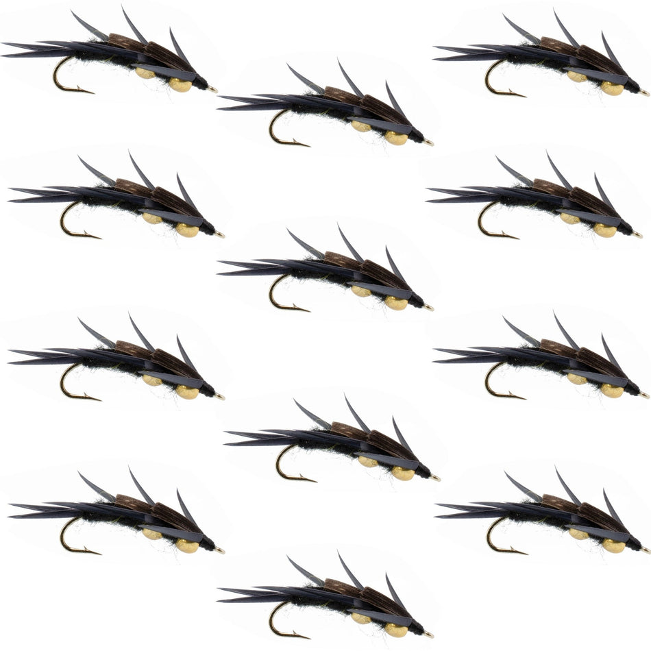 Double Bead Black Stone Fly with Black Biot Legs - Stonefly Wet Fly - 1 Dozen Flies Hook Size 10 - Get Tight Gear