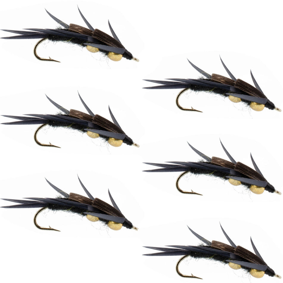 Double Bead Black Stone Fly with Black Biot Legs - Stonefly Wet Fly - 6 Flies Hook Size 10 - Get Tight Gear