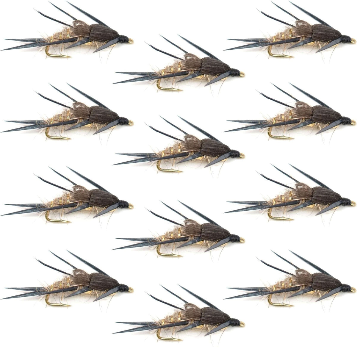 Double Bead Gold Ribbed Hare's Ear Nymph Fly Fishing Flies - Trout and Bass Wet Fly - 1 Dozen Flies Hook Size 12 - Get Tight Gear