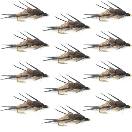 Double Bead Gold Ribbed Hare's Ear Nymph Fly Fishing Flies - Trout and Bass Wet Fly - 1 Dozen Flies Hook Size 12 - Get Tight Gear