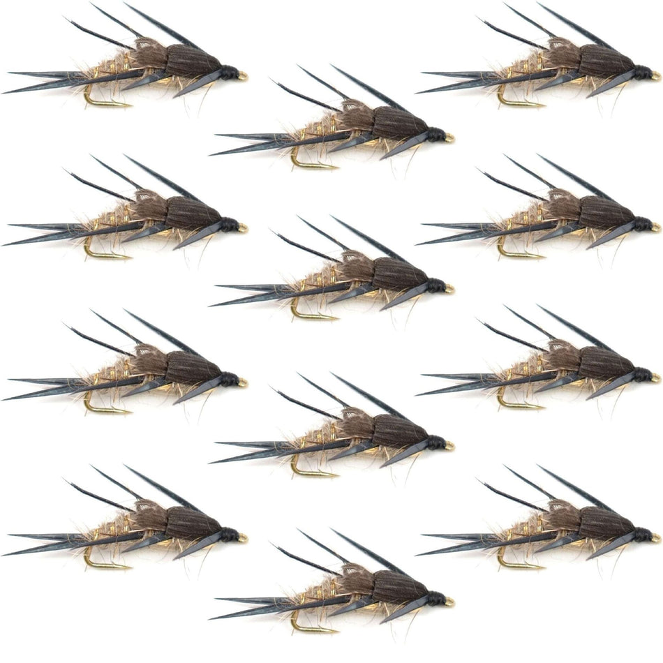Double Bead Gold Ribbed Hare's Ear Nymph Fly Fishing Flies - Trout and Bass Wet Fly - 1 Dozen Flies Hook Size 12 - Get Tight Gear
