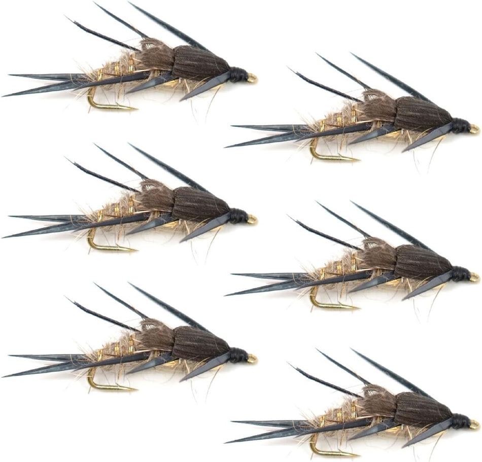 Double Bead Gold Ribbed Hare's Ear Nymph Fly Fishing Flies - Trout and Bass Wet Fly - 6 Flies Hook Size 8 - Get Tight Gear