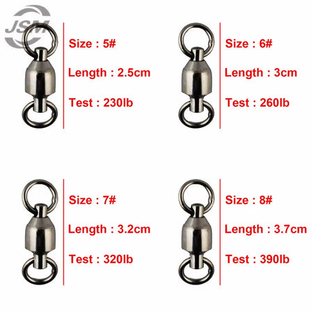 JSM 10Pcs Ball Bearing Fishing Swivel with Solid Ring Brass with Black Nickle Sea Fishing Swivels Connector Size 1 2 3 4 5 6 7 8