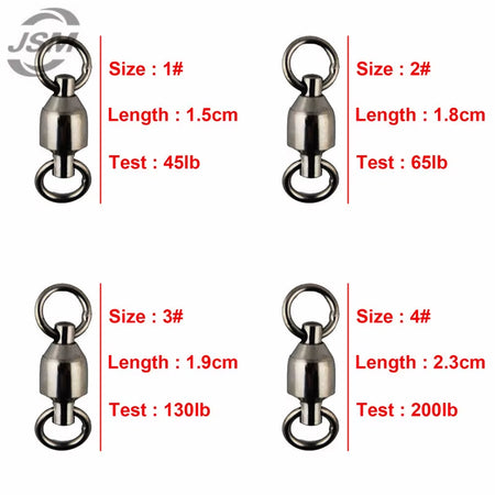 JSM 10Pcs Ball Bearing Fishing Swivel with Solid Ring Brass with Black Nickle Sea Fishing Swivels Connector Size 1 2 3 4 5 6 7 8
