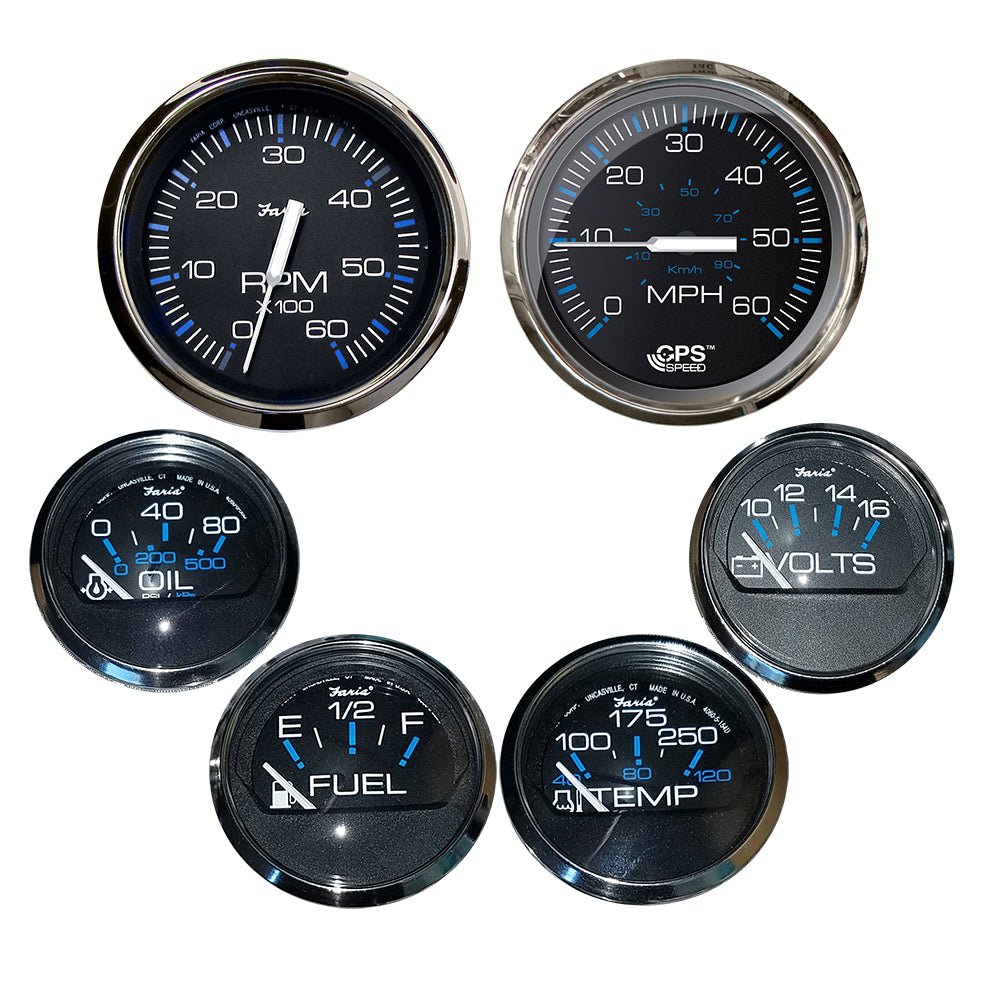 Faria Chesapeake Black w/Stainless Steel Bezel Boxed Set of 6 - Speed, Tach, Fuel Level, Voltmeter, Water Temperature & Oil PSI - Inboard Motors - Get Tight Gear