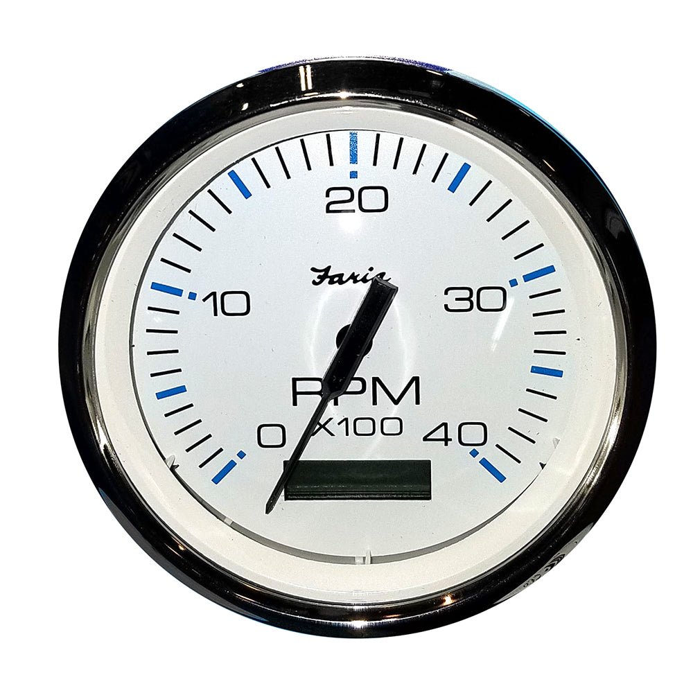 Faria Chesapeake White SS 4" Tachometer w/Hourmeter (4000 RPM) (Diesel) (Mech. Takeoff & Var. Ratio Alt) - Get Tight Gear