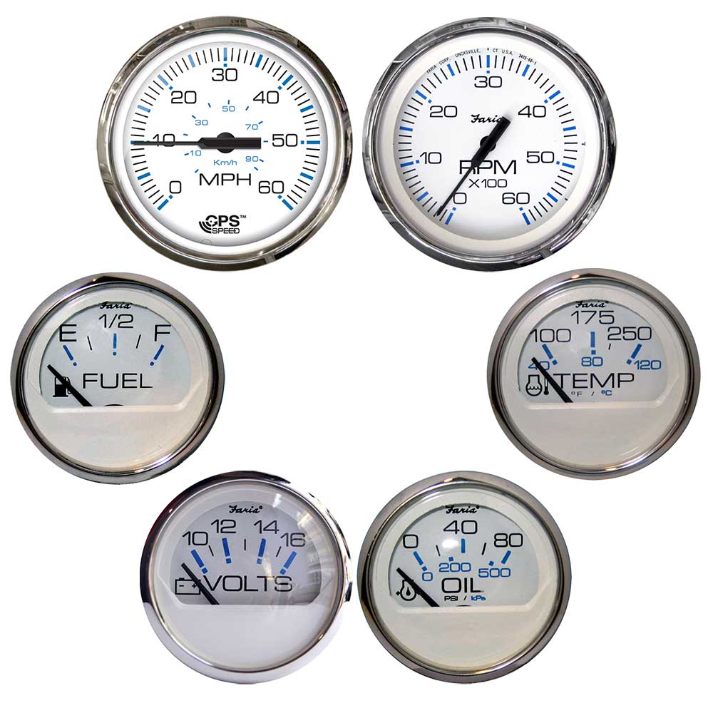 Faria Chesapeake White w/Stainless Steel Bezel Boxed Set of 6 - Speed, Tach, Fuel Level, Voltmeter, Water Temperature & Oil PSI - Inboard Motors - Get Tight Gear