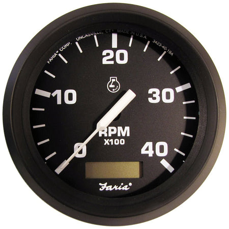 Faria Euro Black 4" Tachometer w/Hourmeter (4000 RPM) (Diesel)(Mech. Takeoff & Var. Ratio Alt.) - Get Tight Gear