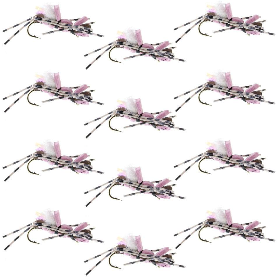 Fat Albert Pink Foam Body Grasshopper Fly - 1 Dozen Flies Hook Size 10 - Get Tight Gear