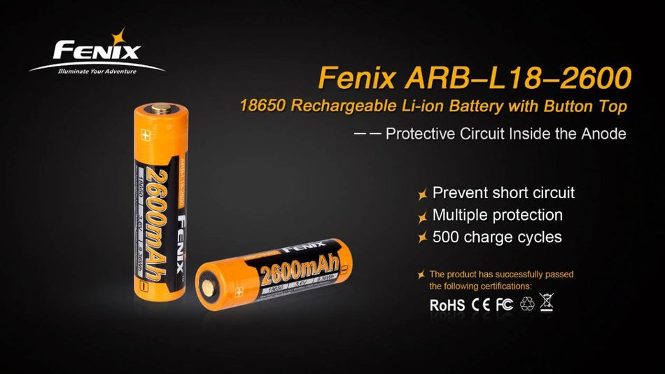 Fenix ARB - L18 - 2600 High - Capacity 18650 Battery - 2600mAh - Get Tight Gear
