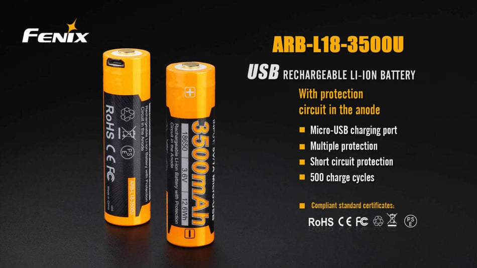Fenix ARB - L18 - 3500U USB Rechargeable Li - ion 18650 Battery - Get Tight Gear