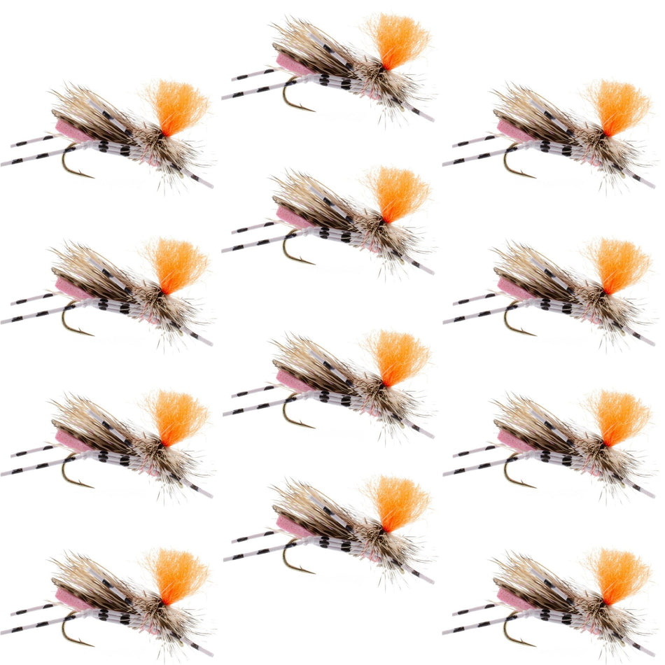 Feth Hopper Pink - Foam Grasshopper Fly Pattern - 1 Dozen Flies Hook Size 10 - Get Tight Gear