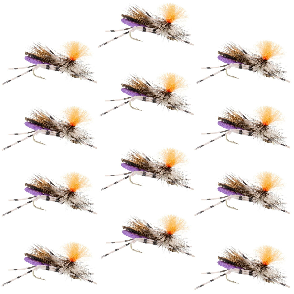 Feth Hopper Purple - Foam Grasshopper Fly Pattern - 1 Dozen Flies Hook Size 10 - Get Tight Gear
